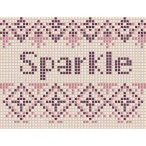 Op de afbeelding: Een pixelontwerp met het woord "Sparkle" in donkerpaarse blokletters. De achtergrond is een lichtbeige raster, met decoratieve patronen in roze en donkerpaarse vierkanten boven en onder de tekst.