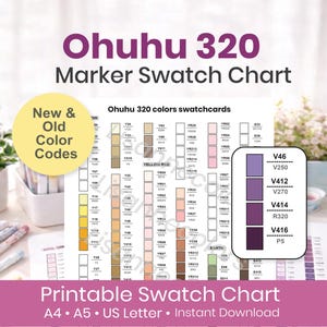 Cartela de Cores Ohuhu Honolulu B 320 | Códigos de Cores Antigos e Novos | Folha de Amostras de Marcadores à Base de Álcool | Organizador de Marcadores Ohuhu Imprimível | A4 A5