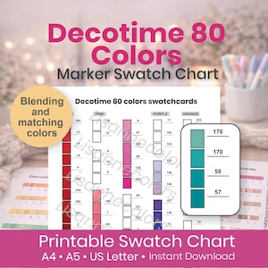 Decotime twin markers 80 Color Swatch Chart |Alcohol Marker Swatch Sheet| Printable Marker Organizer | Decotime Marker Color Chart | A4 A5 US