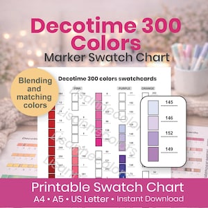 Tabla de muestras de 300 colores de marcadores gemelos Decotime | Hoja de muestras de marcadores de alcohol | Organizador de marcadores imprimible | Tabla de colores de marcadores Decotime | A4 A5