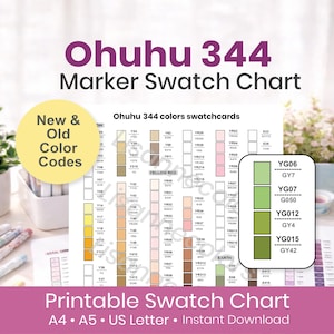 Ohuhu Honolulu B 344 Color Swatch Chart | Old & New Color Codes | Alcohol Marker Swatch Sheet | Printable Ohuhu Marker Organizer | A4 A5 US