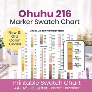Cartela de Cores Ohuhu Honolulu B 216 | Códigos de Cores Antigos e Novos | Folha de Amostras de Marcadores à Base de Álcool | Organizador de Marcadores Ohuhu Imprimível | A4 A5 EUA