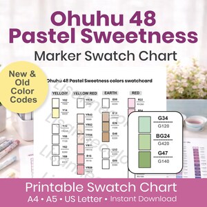 Ohuhu Honolulu B 48 Pastel Sweetness - Tabella dei campioni di colore | Codici colore vecchi e nuovi | Foglio di campioni di pennarelli ad alcol | Organizzatore stampabile | A4 A5 US