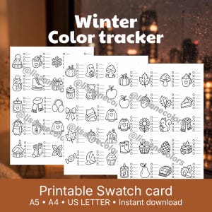 Pode incluir: Uma folha de rastreamento de cores de inverno imprimível em branco com ícones de arte em linha preta de itens sazonais como abóboras, suéteres, canecas e flocos de neve, cada um com uma lista de verificação. O texto Winter Color tracker e Printable Swatch card A5 A4 US LETTER Instant download são visíveis.