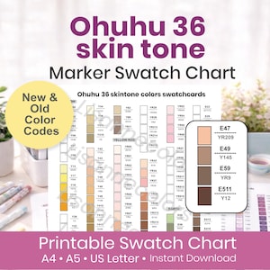 Ohuhu Honolulu B 36 skin tone set Color Swatch Chart | Old & New Color Codes | Alcohol Marker Swatch Sheet | Printable Organizer | A4 A5