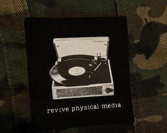 Revive Physical Media パッチ - レコードプレーヤー - ビニール - パンクバトルベストパッチ - アクティビストオルタナティブアパレル - キャンバス縫い付けパッチ - クラストパンク