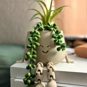 May include: A whimsical beige planter with a smiling face, holding a green succulent plant. The planter has articulated legs and a trailing string of pearls plant, creating a playful and decorative touch. The planter is sitting on a white surface.