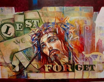 Le Médiateur - Peinture moderne de Jésus 120 x 80 cm - Peinture acrylique originale sur toile - Art sacré contemporain « Afin que nous n'oublions jamais »