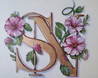 Goldene Initialen SN mit Blumen – Handgemaltes Acryl und Gold auf Leinwand, 40 x 50 cm – Elegante, personalisierte Dekoration