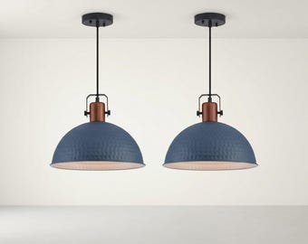 Blue Hammered Metal Pendant Light, 12 Inch Industrial Farmhouse Hanging Ceiling Light for Kitchen Island Dining Room