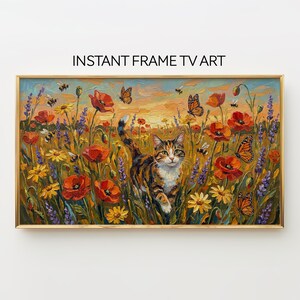 Katze in Wildblumenwiese Gemälde - Vintage Stil Rahmen TV Art (4K Download)