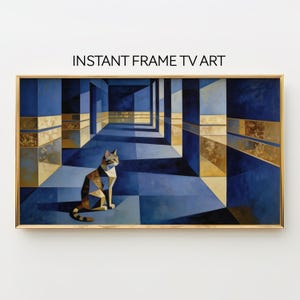Cubist Cat Frame TV Art – Geometric Gold, Blue Corridor (Digital Download)