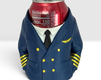 Airline Pilot Soda Can Cozy, Captain Uniform Drink Sleeve, Novelty Aviation Gift