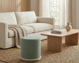 Get Set Style Cirque Round Plush Ottoman, Modern Vanity Stool, Neutral Accent Piece