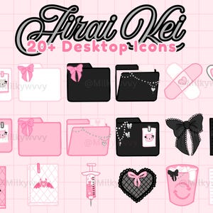 Könnte beinhalten: Eine Sammlung von Desktop-Symbolen im Kawaii-Stil mit Ordnern, einem Hasen und anderen niedlichen Grafiken. Die Farbpalette ist hauptsächlich rosa, schwarz und weiß. Text: "Hirai Kei" und "20+ Desktop Icons".