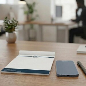 May include: A white notepad with a dark blue horizontal band at the top and bottom, featuring a circular logo and text, placed next to a solid dark blue smartphone and a black pen on a wooden surface. The notepad has printed contact information.