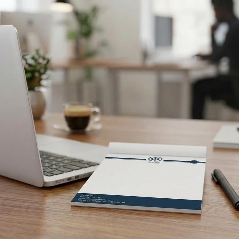 May include: A white notepad with a dark blue horizontal band at the top and bottom. The top band features a circular logo and the text M Print Corp. The bottom band contains contact information including a phone number and physical address.