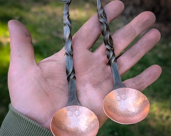 Hand forged coffee scoop with twist detail and copper bowl (made in the USA)