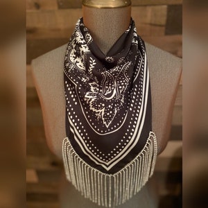 Rhinestone Fringe Silky Bandana Black Western Bling Cowgirl Country Concert Accessory