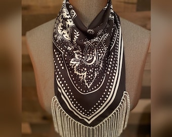 Rhinestone Fringe Silky Bandana Black Western Bling Cowgirl Country Concert Accessory
