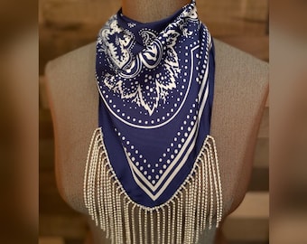 Rhinestone Fringe Silky Bandana Blue Western Bling Cowgirl Country Concert Accessory