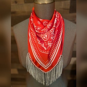 Rhinestone Fringe Silky Bandana Red Western Bling Cowgirl Country Concert Accessory