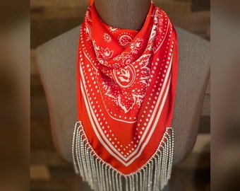 Rhinestone Fringe Silky Bandana Red Western Bling Cowgirl Country Concert Accessory