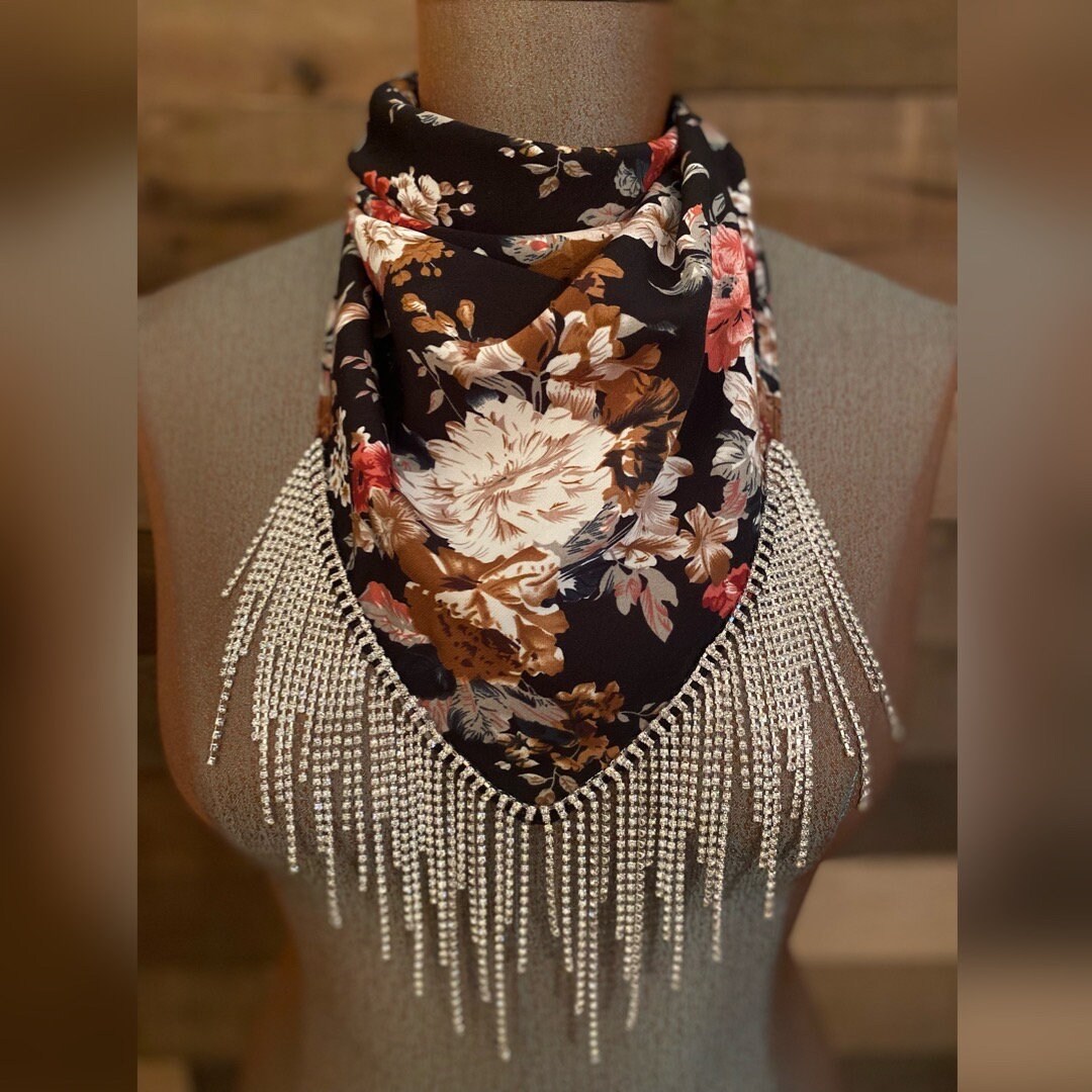 Rhinestone Fringe Bandana Black Floral Western Bling Cowgirl Etsy