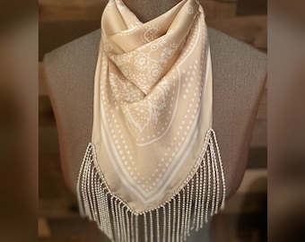 Rhinestone Fringe Silky Bandana Cream Beige Sand Western Bling Cowgirl Country Concert Accessory