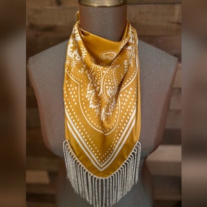 Rhinestone Fringe Silky Bandana Gold Western Bling Cowgirl Country Concert Accessory