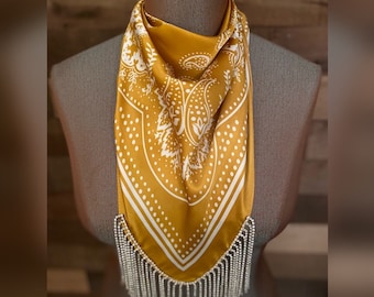 Rhinestone Fringe Silky Bandana Gold Western Bling Cowgirl Country Concert Accessory