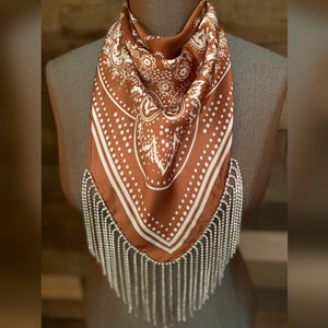 Rhinestone Fringe Silky Bandana Rust Western Bling Cowgirl Country Concert Accessory