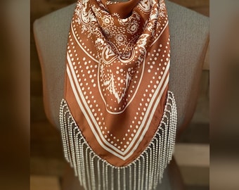 Rhinestone Fringe Silky Bandana Rust Western Bling Cowgirl Country Concert Accessory