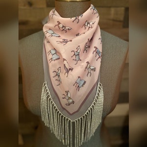 Rhinestone Fringe Silky Bandana Pink Horse Theme Western Bling Cowgirl Country Concert Accessory
