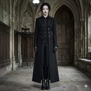 Zwarte maxi-trenchcoat – elegante gotische getailleerde overjas, vintage wintermode