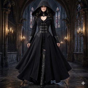 May include: A black hooded coat featuring a structured bodice with four silver-toned buckles, long sleeves with cuffs, and a floor-length flared skirt. The garment is worn over a black dress and tall, lace-up black boots in a dark, stone-arched hall.