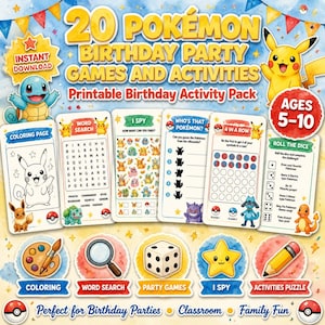 May include: A printable activity pack featuring 20 Pokémon birthday party games. The set includes colouring pages, word searches, I Spy, Who's That Pokémon, 4 in a Row, and roll the dice challenges. The design features Pikachu, Squirtle, and Eevee.