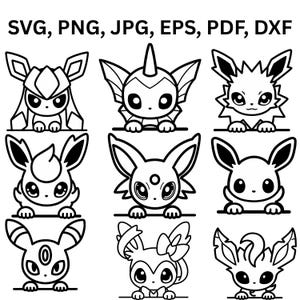 May include: A digital graphic set featuring nine black and white line art illustrations of various fictional creatures peeking over a horizontal line. The text SVG, PNG, JPG, EPS, PDF, DXF is displayed at the top of the image in a bold black font.