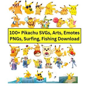 Pikachu SVG Bundle, Emotes, Surfing, Fishing, Mario Designs (Digital Download)