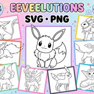 Eevee och Evolutions SVG PNG-paket - söt Eeveelution Clipart 9 designer Anime-klippfiler för Cricut, sublimering, silhuett, digital nedladdning