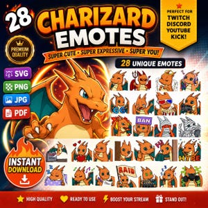 May include: A digital collection of 28 Charizard emotes featuring various expressions and actions. The graphic includes the text 28 CHARIZARD EMOTES, SVG, PNG, JPG, PDF, INSTANT DOWNLOAD, and labels for Twitch, Discord, YouTube, and Kick platforms.