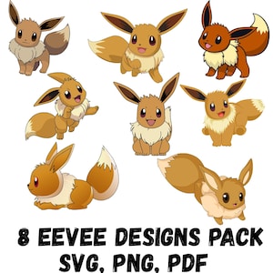 Puede incluir: Ocho ilustraciones del personaje Eevee en varias poses, con colores marrón y crema. La imagen incluye el texto "8 Eevee Designs Pack SVG, PNG, PDF" en la parte inferior, indicando archivos de arte digital.