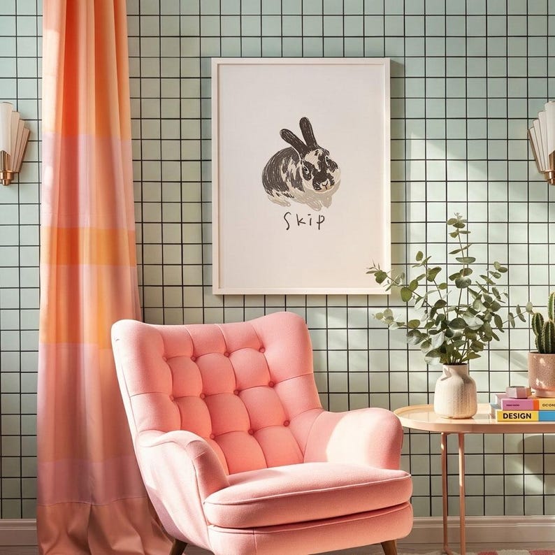 May include: A framed wall art print featuring a dark grey illustration of a rabbit with the text "Skip" below it. The print is displayed on a light green wall with a black grid pattern, positioned above a pink tufted armchair and a side table.