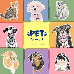 Puede incluir: Una cuadrícula de nueve cuadrados con ilustraciones dibujadas a mano de varias mascotas, incluyendo gatos, perros y conejos. El cuadrado central contiene el texto azul PET Portrait y el texto Custom Hand Drawn sobre un fondo amarillo.