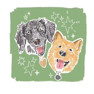 May include: A digital illustration on a sage green background featuring two dogs with open mouths and tongues out. One dog is black with a heart-shaped tag, and the other is golden-brown with a round tag. White line-drawn stars surround the dogs.