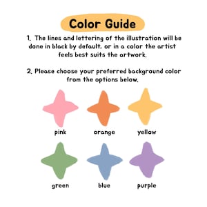 May include: A colour guide chart featuring the heading Colour Guide and two numbered instructions regarding illustration lines and background colour selection. Below are six four-pointed star shapes in pink, orange, yellow, green, blue, and purple.
