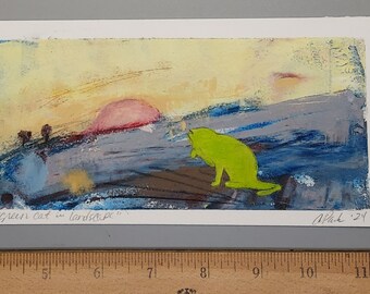 Small oil painting of green cat Original art