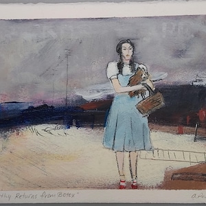 Painting of Dorothy and Toto in stormy landscape