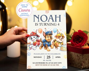 Editable Puppy Birthday Invitation Template, Dog Paw Party Invite for Kids, Printable Birthday Card DIY Party (Instant Download)