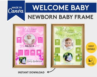 Personalized Baby Birth Stats Print, Newborn Keepsake, Editable Canva Template (Digital Download)